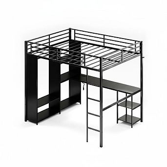 Loft Bed Frame with l-Shaped Desk,Loft Bed with Storage,Wardrobe,Hanging Rod and LED Lights