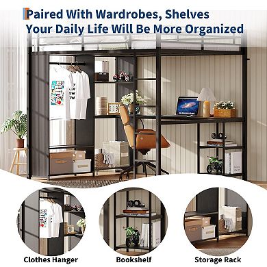 Loft Bed Frame with l-Shaped Desk,Loft Bed with Storage,Wardrobe,Hanging Rod and LED Lights