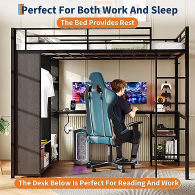 Loft Bed Frame with l-Shaped Desk,Loft Bed with Storage,Wardrobe,Hanging Rod and LED Lights