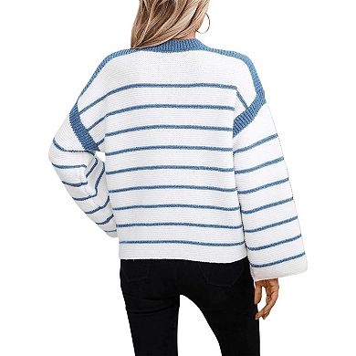 Women's Long Sleeve Crew Neck Striped Sweater Ribbed Knit Pullover Jumper Tops