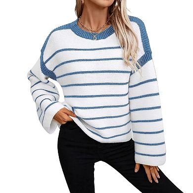 Women's Long Sleeve Crew Neck Striped Sweater Ribbed Knit Pullover Jumper Tops