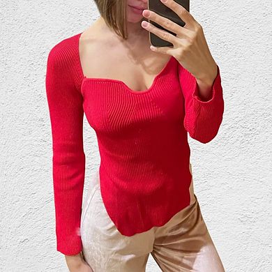 Women's Square Neck Tops Ribbed Knitted Sweater Long Sleeve Crop Slim Fitted Basic Pullover Tops