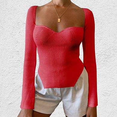Women's Square Neck Tops Ribbed Knitted Sweater Long Sleeve Crop Slim Fitted Basic Pullover Tops