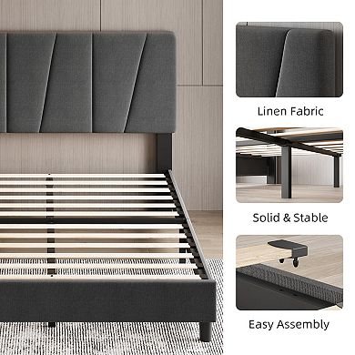 Bed Frame with Headboard Adjustable,Modern Upholstered Platform Bed Frame with Wooden Slat Support