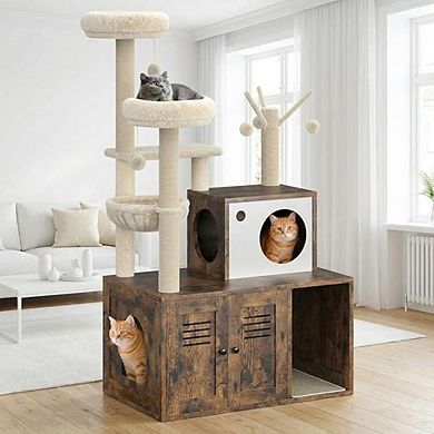 Multi-Level Cat Tree for Indoor Cats, Cat Tower with Hidden Litter Box Cabinet