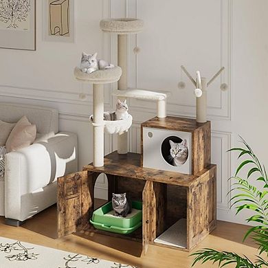 Multi-Level Cat Tree for Indoor Cats, Cat Tower with Hidden Litter Box Cabinet