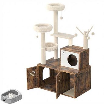 Multi-Level Cat Tree for Indoor Cats, Cat Tower with Hidden Litter Box Cabinet