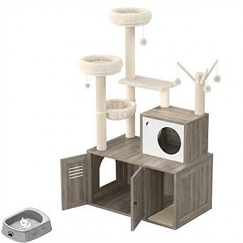 Multi-Level Cat Tree for Indoor Cats, Cat Tower with Hidden Litter Box Cabinet
