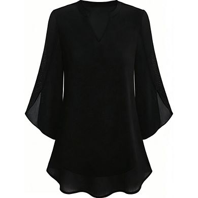 Women's Office Casual Chiffon Blouse Split V-Neck Split Petal Sleeves Loose Fit for Everyday Outfits