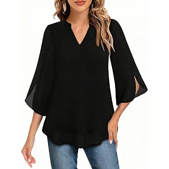 Women's Office Casual Chiffon Blouse Split V-Neck Split Petal Sleeves Loose Fit for Everyday Outfits