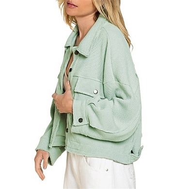 Women's Fashion Cropped Shacket Button Down Waffle Jackets Casual Long Sleeve Coat Tops