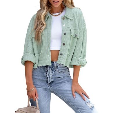 Women's Fashion Cropped Shacket Button Down Waffle Jackets Casual Long Sleeve Coat Tops