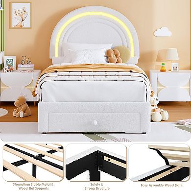 Upholstered LED Bed Frame with Storage Drawer and Rainbow Headboard,Berber Fleece Bed for Kids