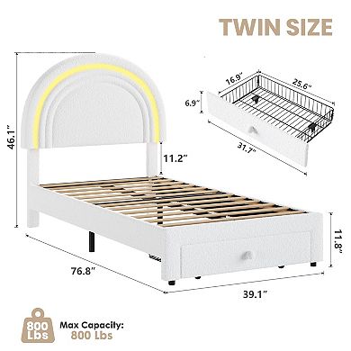 Upholstered LED Bed Frame with Storage Drawer and Rainbow Headboard,Berber Fleece Bed for Kids