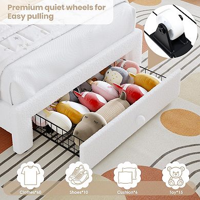 Upholstered LED Bed Frame with Storage Drawer and Rainbow Headboard,Berber Fleece Bed for Kids