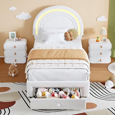 Upholstered LED Bed Frame with Storage Drawer and Rainbow Headboard,Berber Fleece Bed for Kids