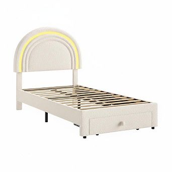 Upholstered LED Bed Frame with Storage Drawer and Rainbow Headboard,Berber Fleece Bed for Kids