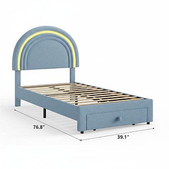 Upholstered LED Bed Frame with Storage Drawer and Rainbow Headboard,Berber Fleece Bed for Kids
