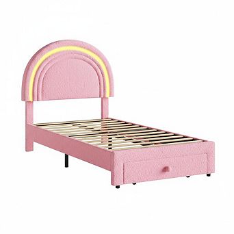 Upholstered LED Bed Frame with Storage Drawer and Rainbow Headboard,Berber Fleece Bed for Kids
