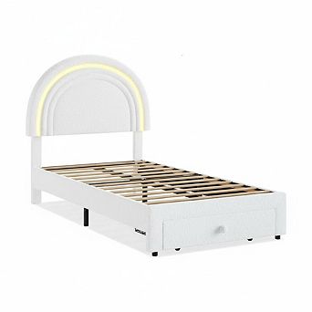 Upholstered LED Bed Frame with Storage Drawer and Rainbow Headboard,Berber Fleece Bed for Kids