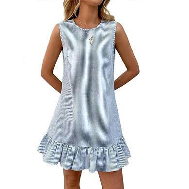Women's Striped Print Sleeveless Ruffle Tunic Dress Summer Swing Flowy Mini Dresses