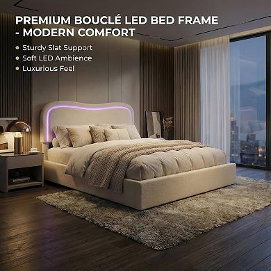 Boucle Bed Frame with 2 Storage Drawers, Upholstered Platform Bed with LED Headboard