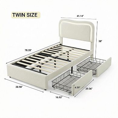 Boucle Bed Frame with 2 Storage Drawers, Upholstered Platform Bed with LED Headboard