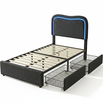 Boucle Bed Frame with 2 Storage Drawers, Upholstered Platform Bed with LED Headboard