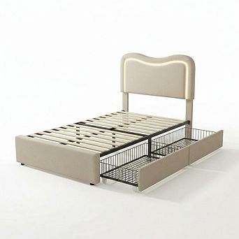 Boucle Bed Frame with 2 Storage Drawers, Upholstered Platform Bed with LED Headboard