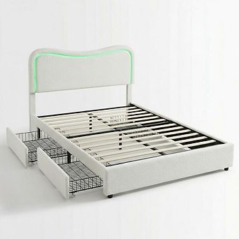 Boucle Bed Frame with 2 Storage Drawers, Upholstered Platform Bed with LED Headboard