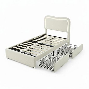 Boucle Bed Frame with 2 Storage Drawers, Upholstered Platform Bed with LED Headboard