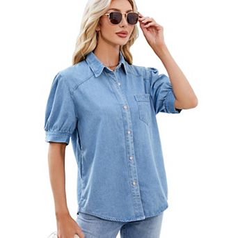 Women Puff Sleeve Lapel Thin Denim Shirt Button Down Retro Denim Short Sleeve Shirt Daily Loose Top