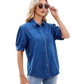 Women Puff Sleeve Lapel Thin Denim Shirt Button Down Retro Denim Short Sleeve Shirt Daily Loose Top