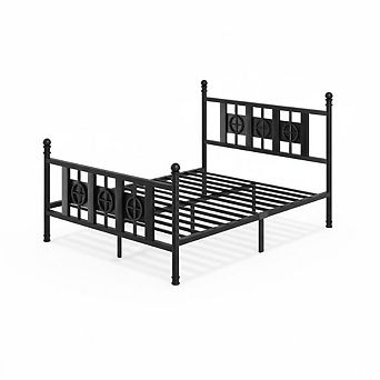 Bed Frame with Headboard and Footboard, Metal Bed Frame Circular Design & Storage Space Under Bed