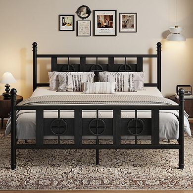 Bed Frame with Headboard and Footboard, Metal Bed Frame Circular Design & Storage Space Under Bed