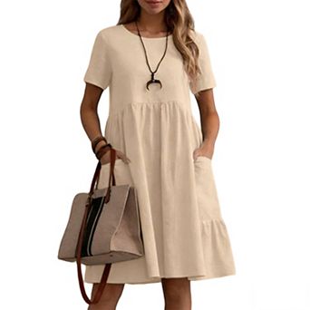 Women's Tiered Midi Dress - Short Sleeve Pocket Casual Dress for Daily Wear
