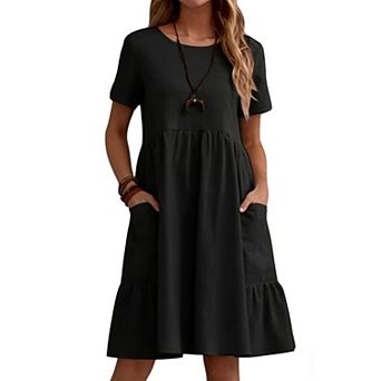 Women's Tiered Midi Dress - Short Sleeve Pocket Casual Dress for Daily Wear