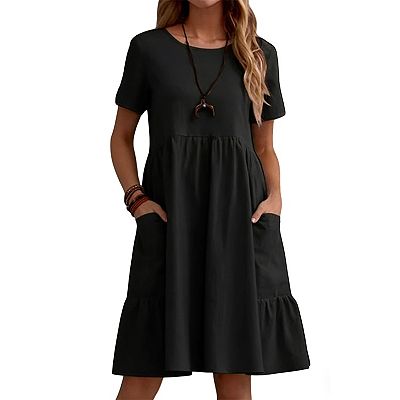 Women's Tiered Midi Dress - Short Sleeve Pocket Casual Dress for Daily Wear
