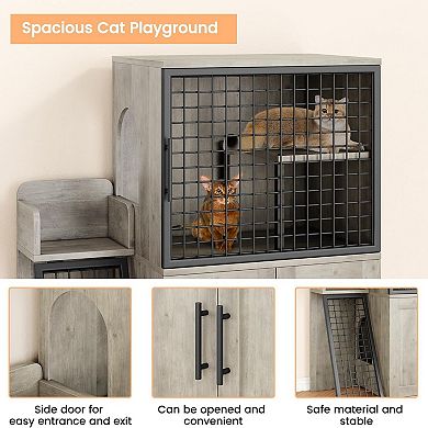 Modern Double Layer Cat Litter Box Enclosure with Ladder & Lounge Platform Hidden Litter Box