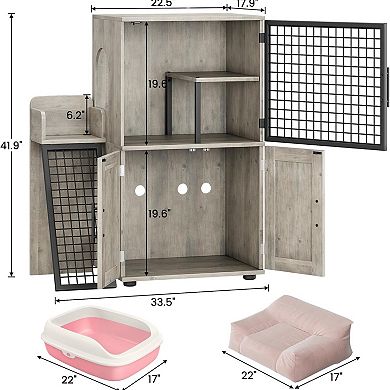 Modern Double Layer Cat Litter Box Enclosure with Ladder & Lounge Platform Hidden Litter Box