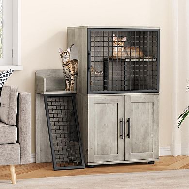 Modern Double Layer Cat Litter Box Enclosure with Ladder & Lounge Platform Hidden Litter Box
