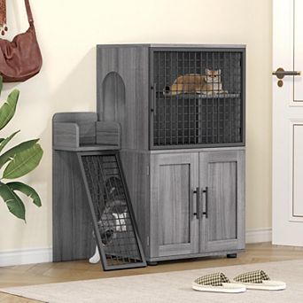 Modern Double Layer Cat Litter Box Enclosure with Ladder & Lounge Platform Hidden Litter Box