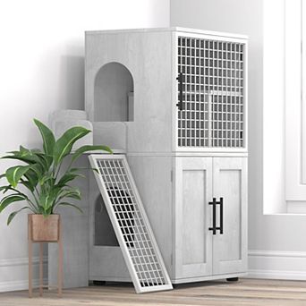 Modern Double Layer Cat Litter Box Enclosure with Ladder & Lounge Platform Hidden Litter Box