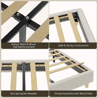 Bed Frame with Round Boucle Headboard, Upholstered Arch Design, Soft Modern Bed