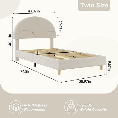 Bed Frame with Round Boucle Headboard, Upholstered Arch Design, Soft Modern Bed