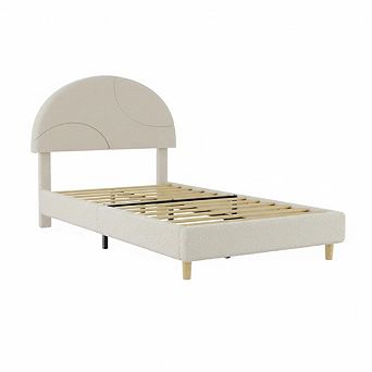 Bed Frame with Round Boucle Headboard, Upholstered Arch Design, Soft Modern Bed