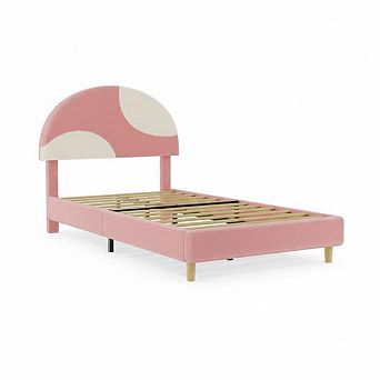 Bed Frame with Round Boucle Headboard, Upholstered Arch Design, Soft Modern Bed