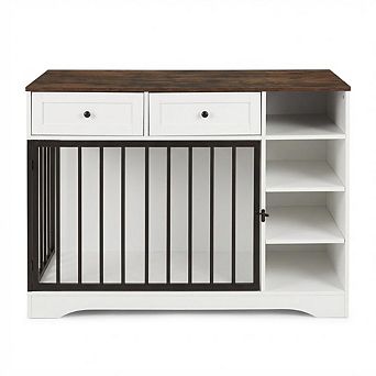 Dog Crate Furniture, Wooden Dog Kennel End Table with 2 Drawers & 4 Shelves