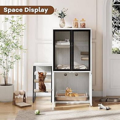 Cat Litter Box Enclosure with Doors, Spacious Double Cat House with Hidden Storage Space