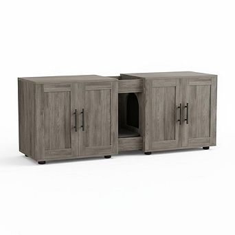 3-in-1 Double Cat Litter Box Enclosure - Hidden Double Rooms, Cat Door, Scratching Pad - Cat House